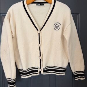 SHEIN Women's Cream Cardigan Sweater and Pants with Black Trim